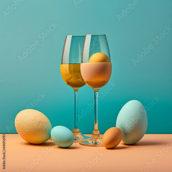 Obraz  Easter real unique still life composition. Eggs with champagne glass. 
