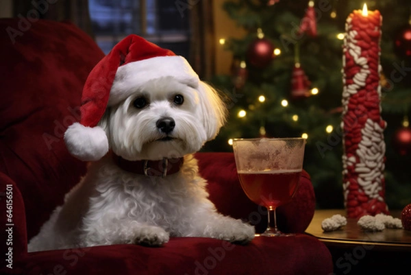 Obraz A bichon dog dressed in a Christmas outfit sits on an armchair and watches a New Year's show on TV