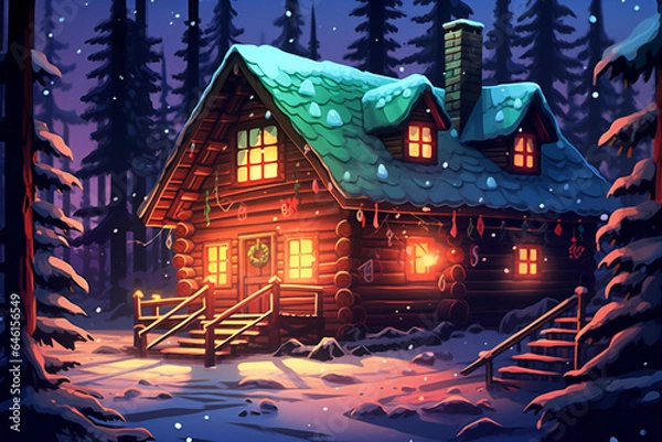 Obraz A cabin in the woods, New Year's lights and the Christmas atmosphere.