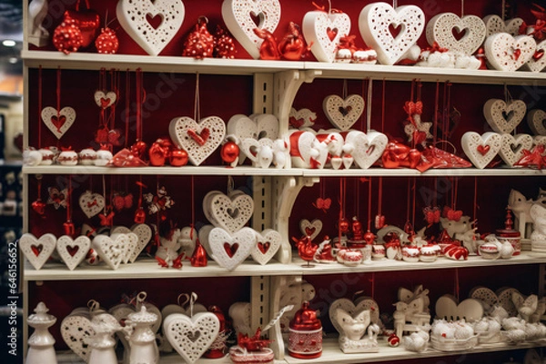 Obraz Christmas tree decorations. Decorations in the shape of hearts and stars, red and white