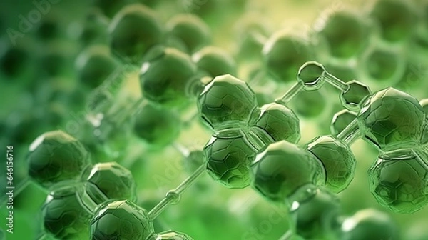 Fototapeta Complex molecular structure with spherical particles. Futuristic technology style. Generative AI. Illustration for banner, poster, cover, brochure or presentation.