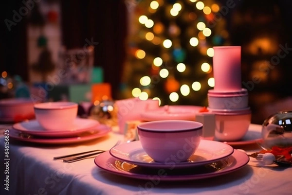 Obraz Empty plates on the Christmas table, background of the Christmas tree