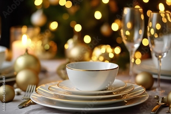Obraz Empty plates on the Christmas table, background of the Christmas tree