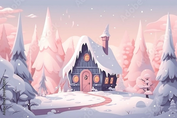 Obraz Fantasy christmas cottage, pop up, on the snow, christmas trees, peaceful atmosphere,