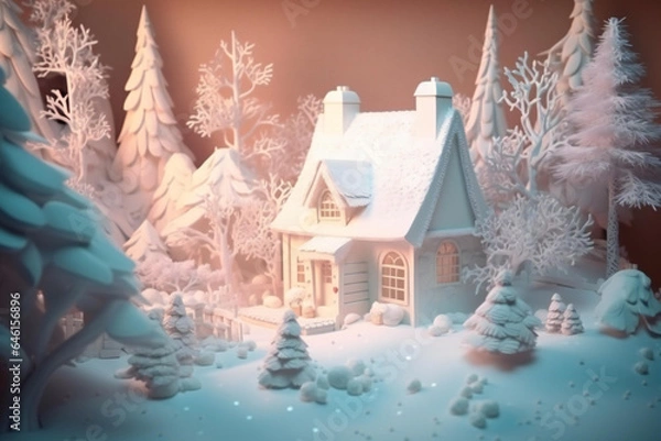 Obraz Fantasy christmas cottage, pop up, on the snow, christmas trees, peaceful atmosphere