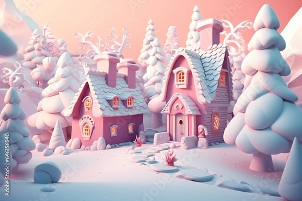 Obraz Fantasy christmas cottage, pop up, on the snow, christmas trees, peaceful atmosphere