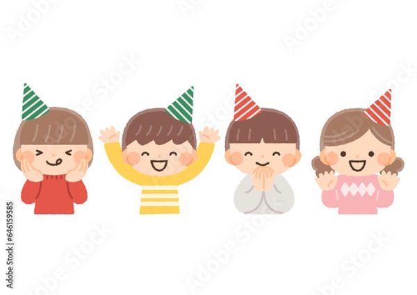 Obraz パーティー帽子をかぶって喜ぶ子供達のイラスト素材