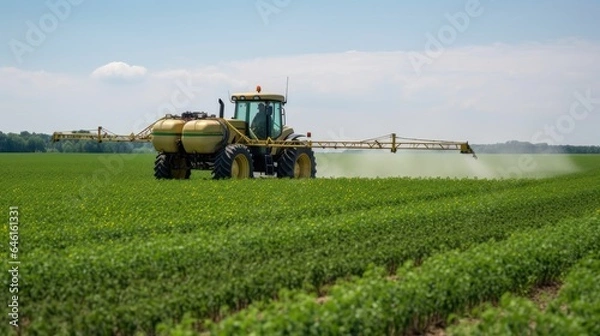Fototapeta A Spring Soybean Field Being Sprayed with Pesticides by Tractor
