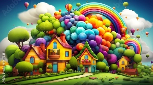 Obraz Surreal Dream Scape inspired by 3D art - colourful happy village with a rainbow (Generative AI)