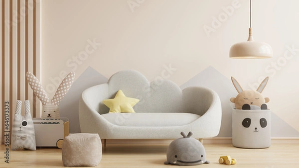 Fototapeta Mockup wall in the children's room with sofa on wall cream color background.
