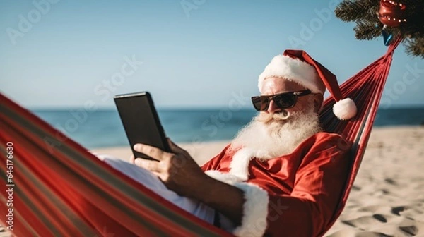 Fototapeta Beach Browsing with Santa: A Sunny Connection to Check His Nice List Twice