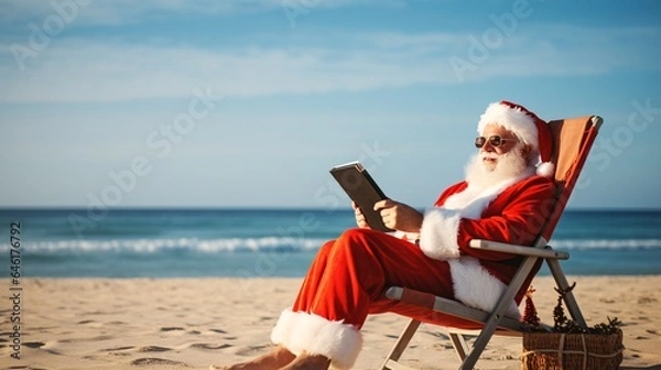 Fototapeta Beach Browsing with Santa: A Sunny Connection to Check His Nice List Twice