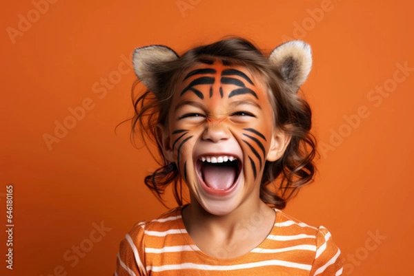 Fototapeta Laughing child with face painted like a tiger on a solid orange background.