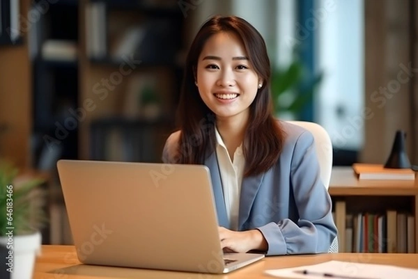 Fototapeta ノートパソコンでミーティングをする日本人女性　with generative ai