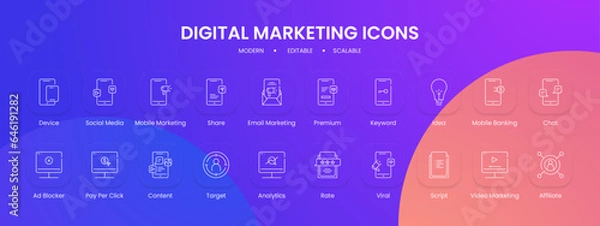 Obraz Digital marketing icon collection with black outline style. marketing, digital, social, media, business, internet, web. Vector Illustration