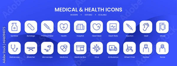 Obraz Medical and health icon collection with black filled line outline style. health, set, medical, collection, symbol, medicine, flat. Vector Illustration