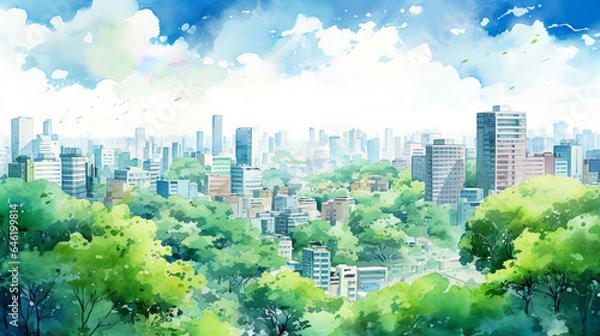 Obraz 緑豊かな街の風景の水彩イラスト