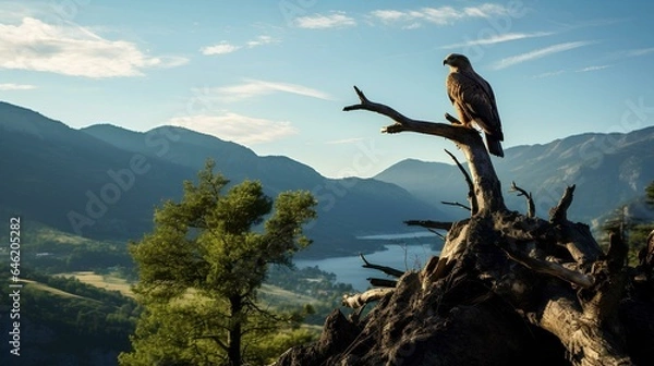 Fototapeta An eagle perched on a tree branch at the edge of a mountain