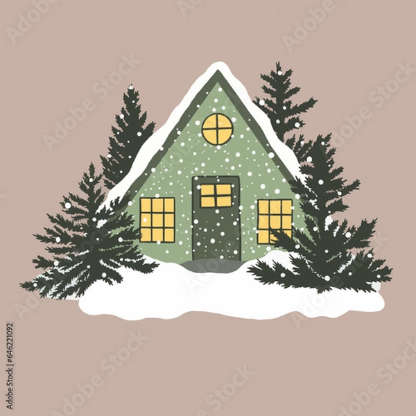 Obraz Christmas snowy house outside interior with winter landscape and fir trees. Vector illustration in hand drawn cartoon flat style