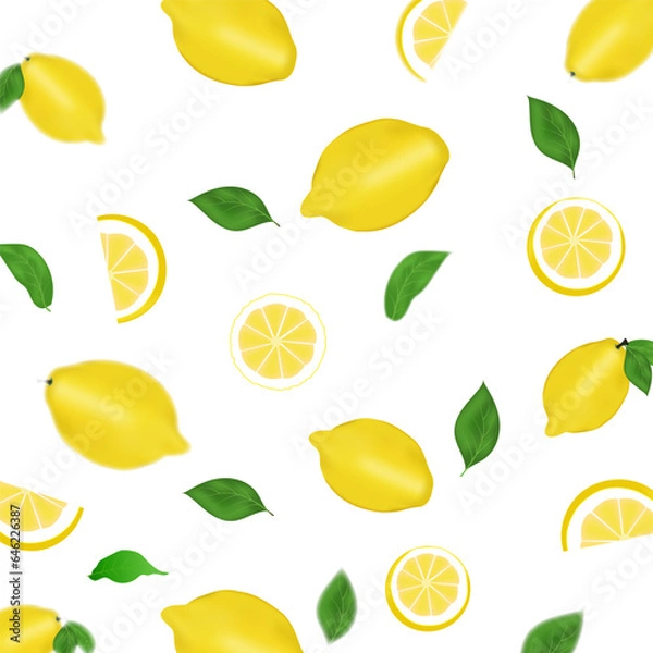 Fototapeta Background with lemons and leaves and blurred. bright Bright light pattern with 3D Fresh lemons for fabric, label application, t-shirt print, wallpaper, backgrounds