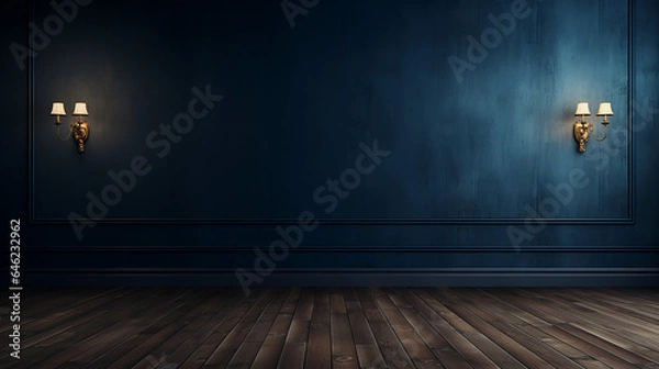 Fototapeta Dark blue wall in an empty room with a wooden floor. Generative AI