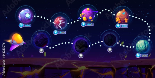 Fototapeta Space adventure arcade game map. Vector cartoon illustration of night sky background with stars, travel route between fantasy alien planets, score stars and lock icons, app user interface design