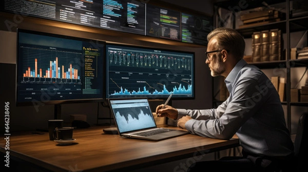 Fototapeta An analyst uses a computer and dashboard for data business analysis and Data Management System with KPI and metrics connected to the database for technology finance, operations, sales,  Generative