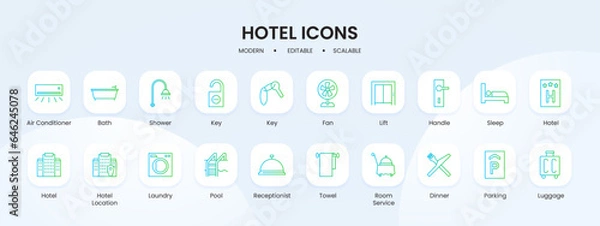 Fototapeta Hotel icon collection with blue and green gradient outline style. collection, hotel, set, restaurant, travel, room, symbol. Vector illustration