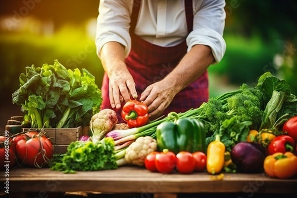 Fototapeta Anonymous culinary expert gathering fresh vegetables from a farm.
