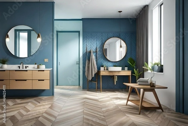 Fototapeta Side view on Eco interior design of bathroom with wooden frame of round mirror on blue wall, wooden sink cabinet and floor, white  generated by AI tool.