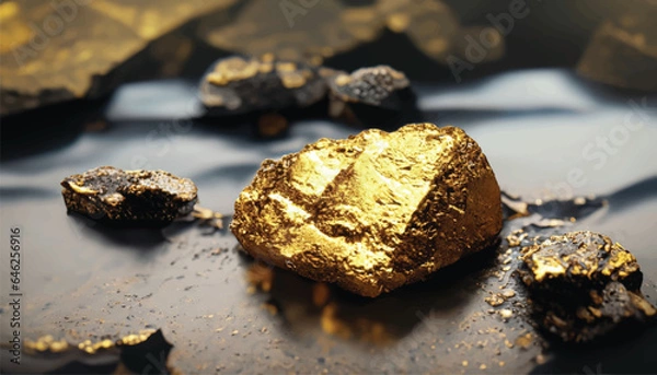 Obraz vector Pure gold ore found in the mine on a stone floor with water  .