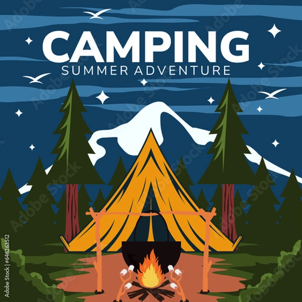 Fototapeta Camping summer adventure flyer outdoor recreation with tent bonfire vector illustration
