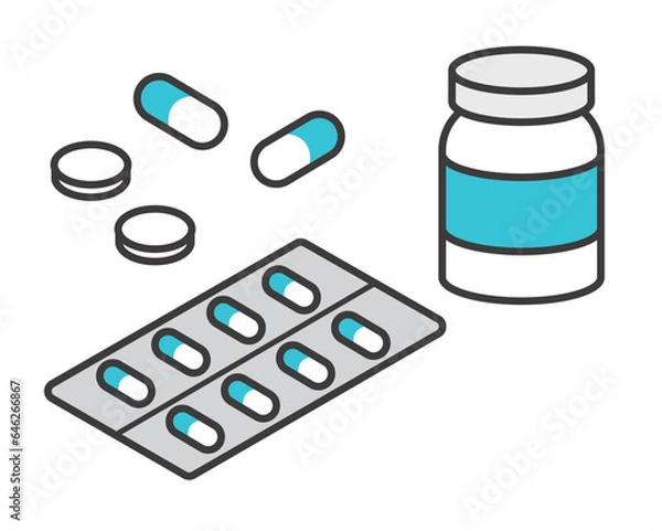 Obraz さまざまな処方薬やカプセル錠などのアイソメアイコンのベクターイラスト素材／病院／薬