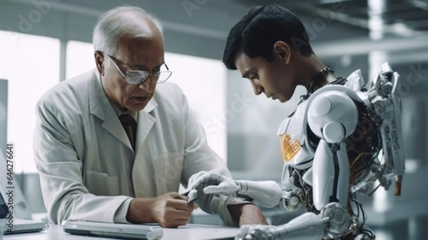 Fototapeta An Indian senior man collaborates with a robot in a futuristic office setting. Generative AI