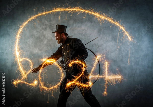 Obraz 	
Schornsteinfeger in Arbeitskleidung schreibt mit Wunderkerzen die Jahreszahlen 2024.	

