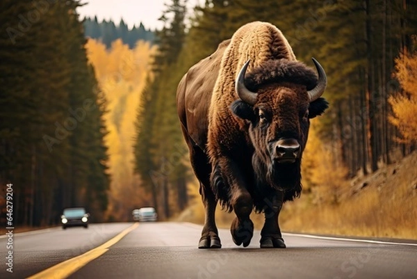 Fototapeta A bison crossing a highway