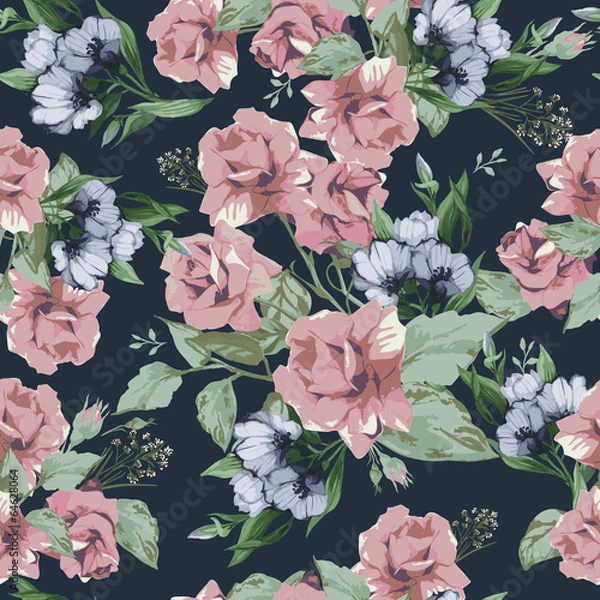 Fototapeta Vector seamless floral pattern with roses on dark background