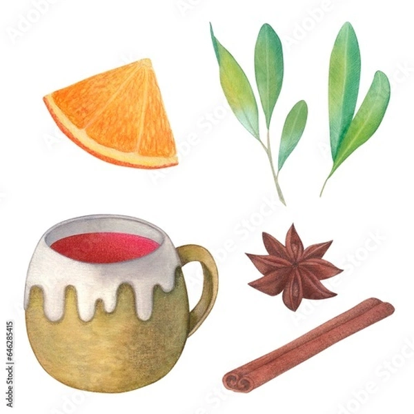 Fototapeta Clay mug with mulled wine in white glaze. Orange, cinnamon, star anise, pistachio sprig. Watercolor illustration on a white background. Hand drawn. For postcards