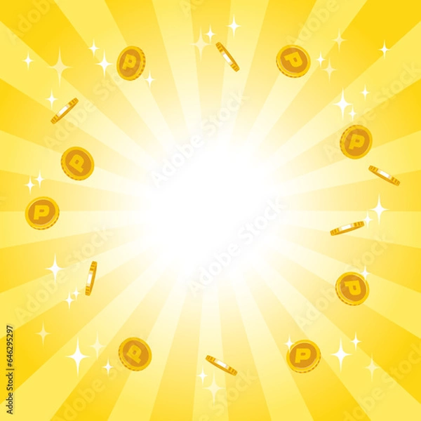Obraz ゴールドの放射状集中線の背景素材壁紙、ポイントコインとキラキラ付き
