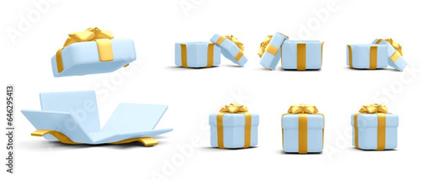 Obraz Set of 3d realistic gift boxes with gold ribbon isolated on white background. Surprise boxes. Vector illustration