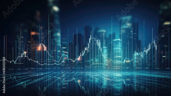Fototapeta Perspective view of stock market growth, business investing and data concept with digital financial chart graphs, diagrams and indicators on dark blue blurry background.