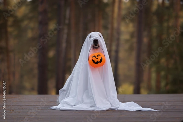 Fototapeta A dog in a ghost costume for Halloween. A golden retriever sits in a fall park holding a pumpkin-shaped candy bucket in his teeth for the holiday.