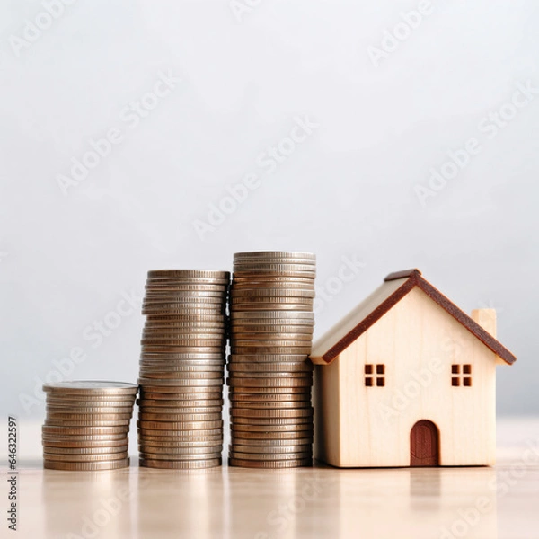 Fototapeta  House and stack of coins with white background  - Generative AI