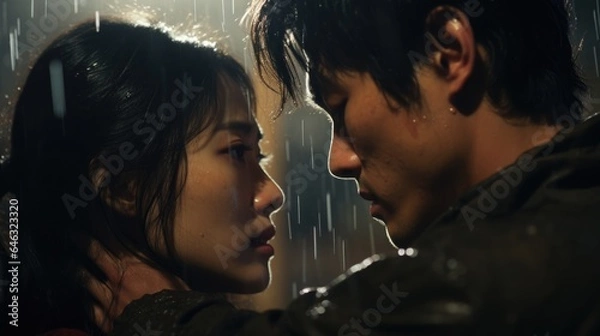 Fototapeta A girl and a guy in love in the cinematic style of a Korean dorama.