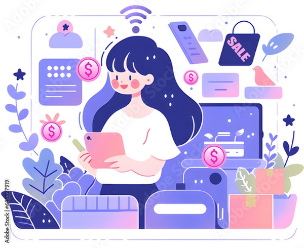 Fototapeta Young women are using technology to work online and are using online shopping communication tools.