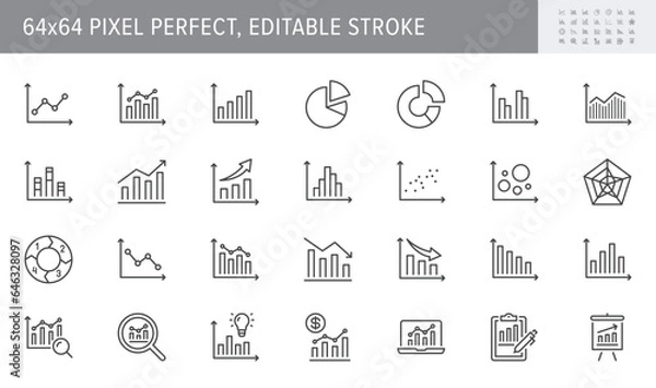 Fototapeta Graph line icons. Vector illustration include icon - data analysis, diagram, stat, histogram, economy outline pictogram for infographic statistic presentation. 64x64 Pixel Perfect, Editable Stroke