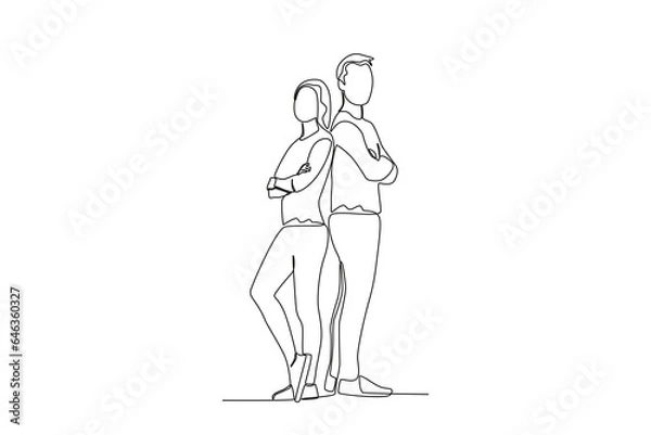 Fototapeta Single continuous line drawing of two friends leaning on each other
