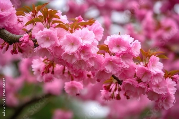 Fototapeta closeup of a tree branch full of fluffy pink flowers