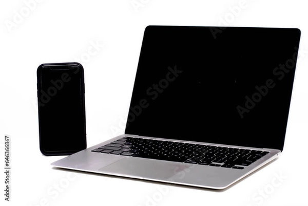 Fototapeta modern laptop blank dark screen with place for your logo or text on white wall background. 3D rendering, mockup