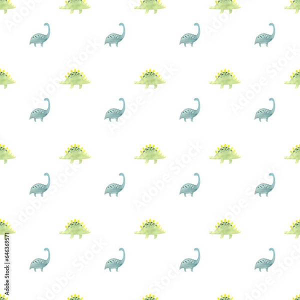 Fototapeta pattern with dinosaurs drawn in watercolor, picture of prehistoric creatures drawn by hand